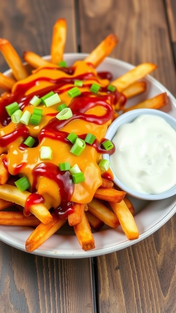 Loaded barbecue fries topped with cheese, bacon bits, and green onions, served with sour cream on a plate.